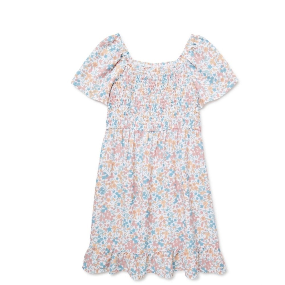 Wonder Nation Girls Floral Smocked Bodice Ruffle Hem Dress Pink Blue Size M 7-8